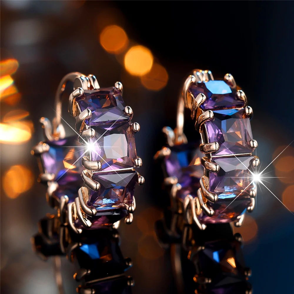 Luxury Female Big Purple Zircon Stone Hoop Earrings Fashion Gold Color Wedding Jewelry For Women