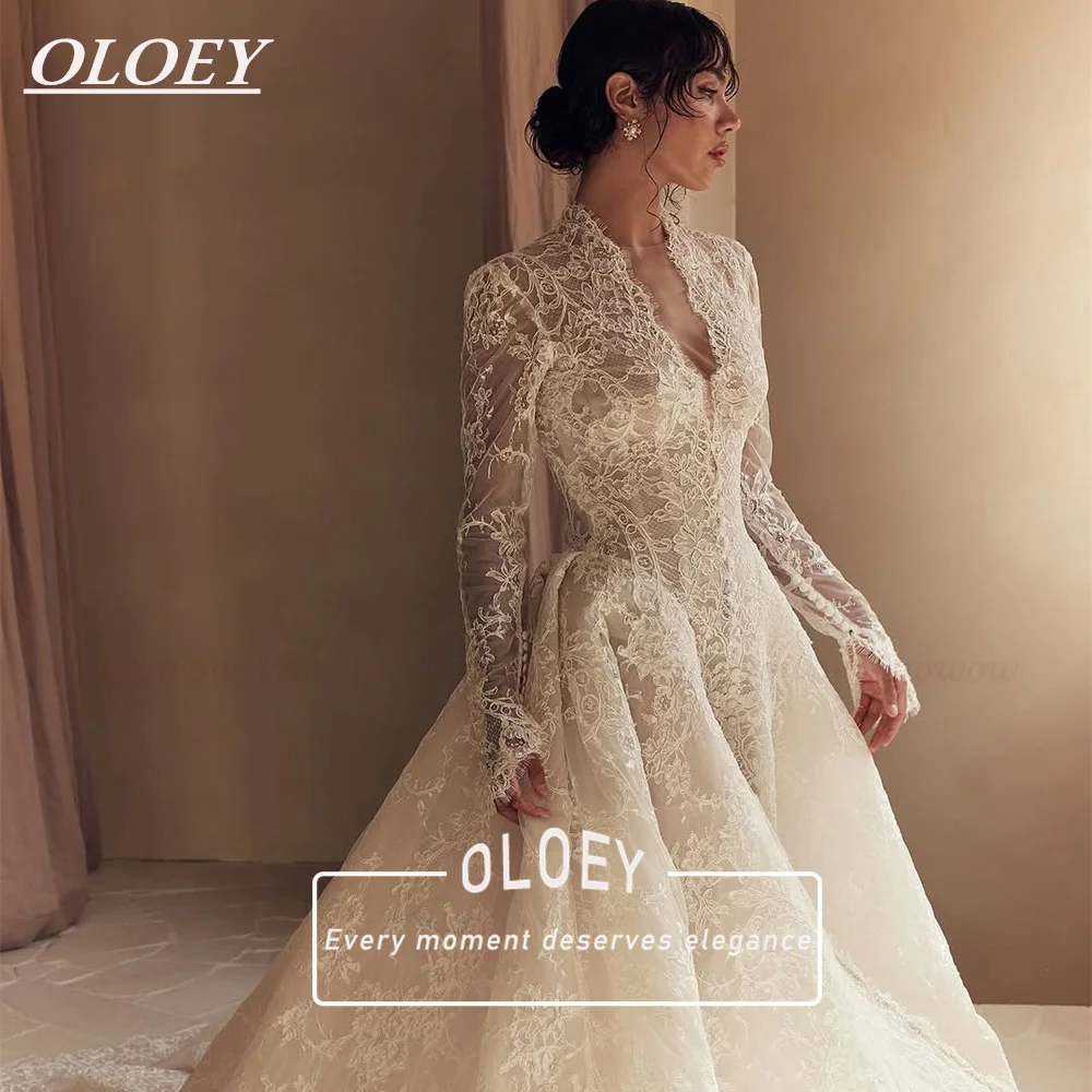

Роскошное кружевное свадебное платье OLOEY, свадебное платье с круглым вырезом и длиной до пола, с длинными рукавами, на молнии сзади, с пуговицами, индивидуальный пошив