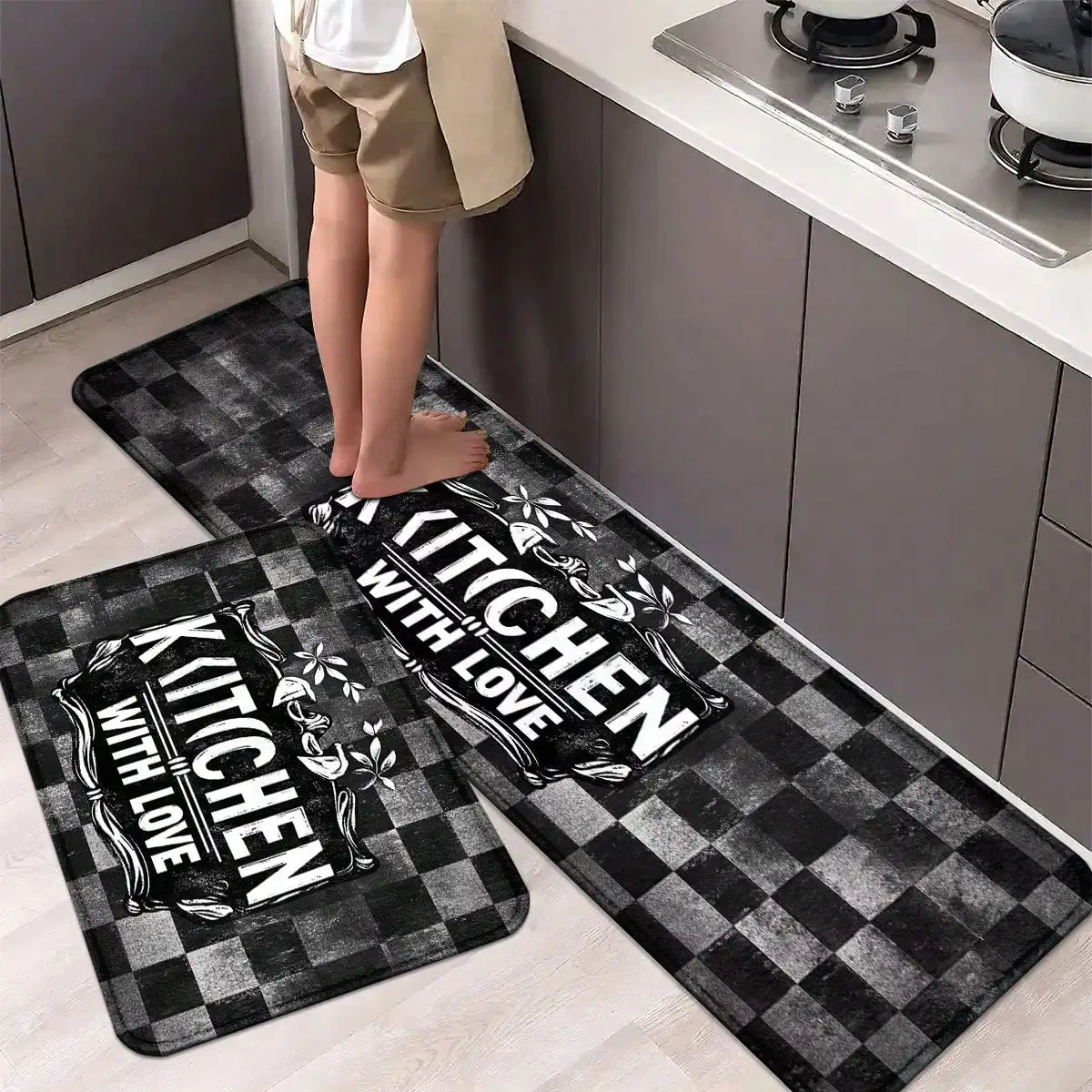 Vintage Plaid Non-Slip Kitchen Floor Mat Waterproof Washable Rug Anti-Fatigue Standing Cushion for Home Kitchen Sink Living Room
