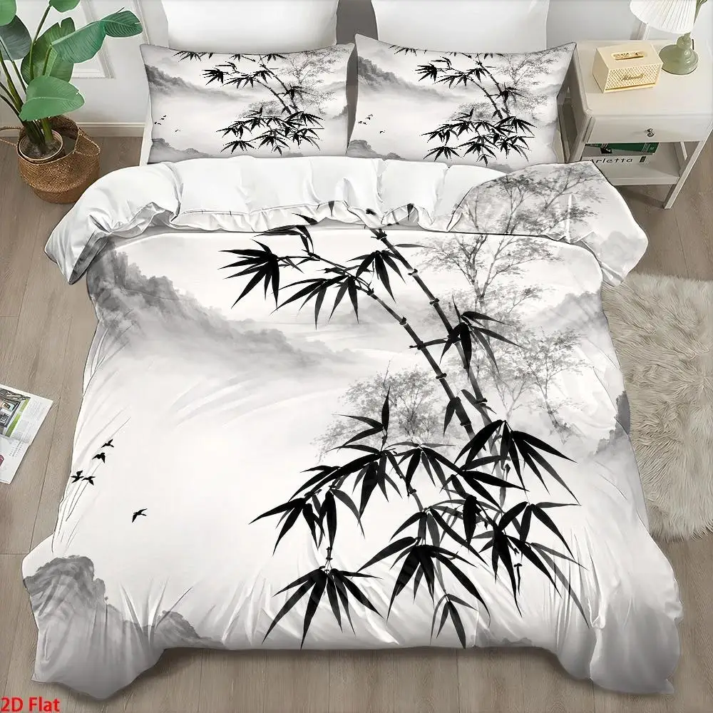 3Pc Chinese Style Ink Bamboo Duvet Cover Set, Three-Piece Bedding Set (1*Duvet Cover + 2*Pillowcases), Modern Minimalist Light Luxury Style Personal Bedding, Skin-Friendly, Breathable, Easy to Clean, Durable, Machine Washable, Invisible Zipper Quilted Design, Suitable for All Seasons, Wrinkle-Resistant, Bedroom Decoration, Cozy Home Decor, Suitable for Master Bedroom, Guest Room, Student Dormitory, Nordic Style 3-Piece Bedding Set, Large Personal Bed Cover, Quilt Cover 2D
