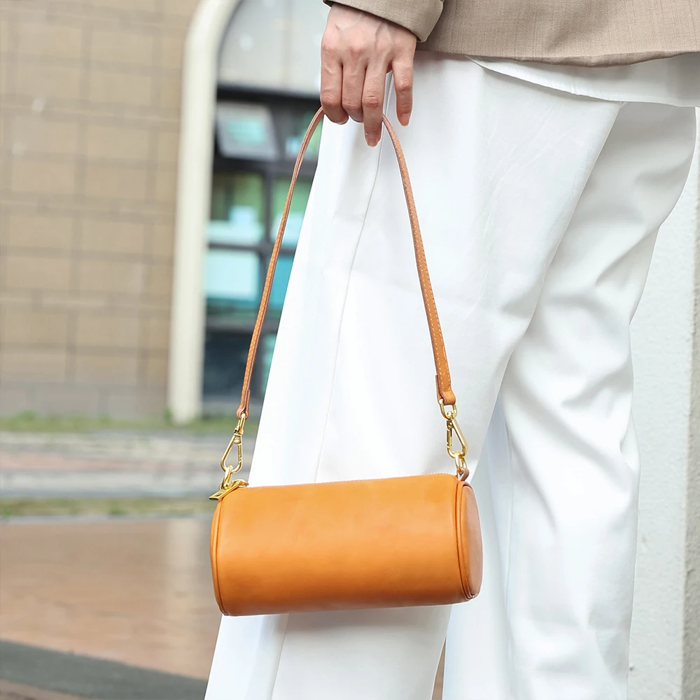 New Women's Genuine Leather Cylinder Bag Korean Style Crossbody Bag  Single Shoulder Bag Plant Tanned Leather Underarm Bag