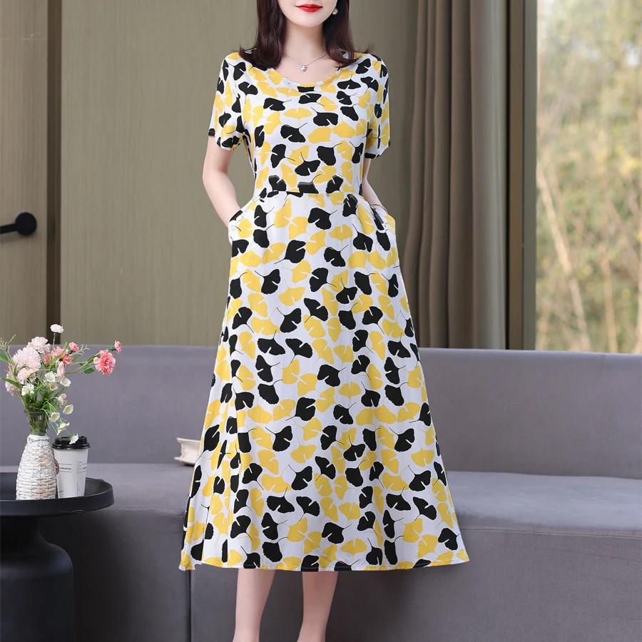 New Fashion Casual 2024 Summer Elegant Dresses For Women O-Neck Print Vintage Short Sleeve Dress Loose Women Clothing