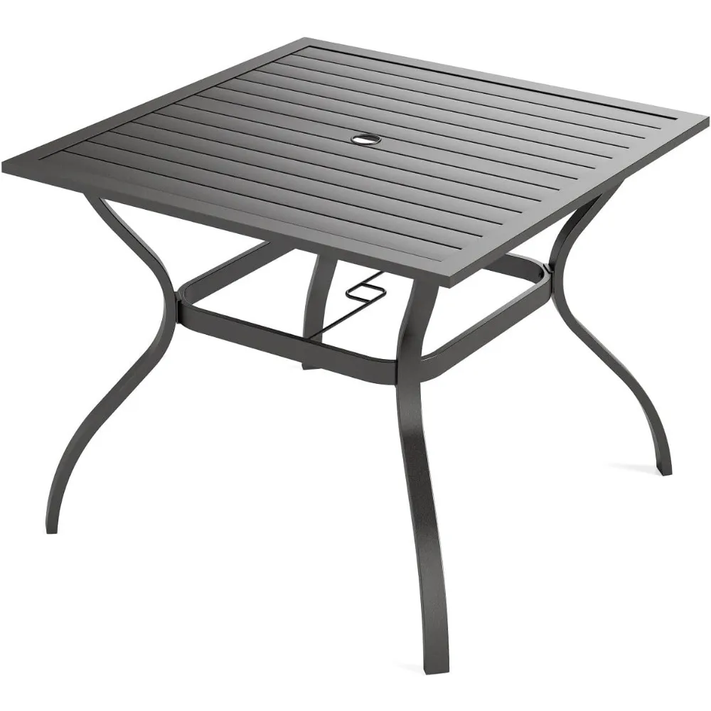 

37" Metal Steel Slat Patio Dining Table Square Backyard Bistro Table Outdoor Furniture Garden Table, 1.57” Umbrella Hole