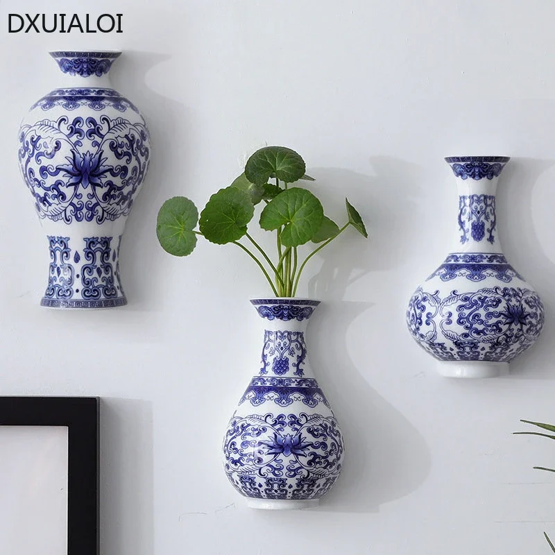 Ceramic vase antique blue and white porcelain flower arrangement vase living room wall hanging vases 1pcs flower pot  home decor