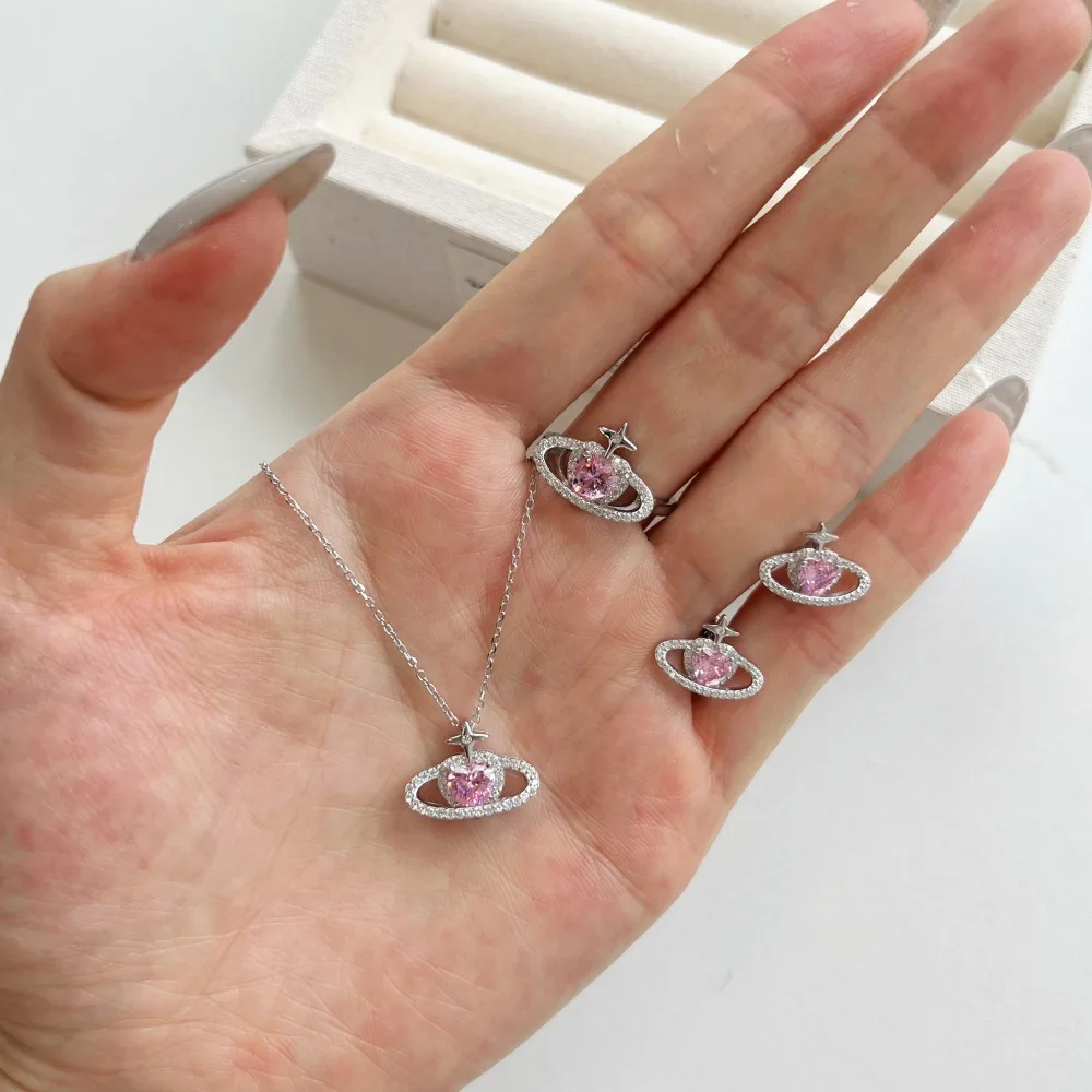 

S925 Sterling Silver Pink Heart Shaped Crystal Statement Necklaces Earring Ring Women Personalized Jewelry Handmade Accessories