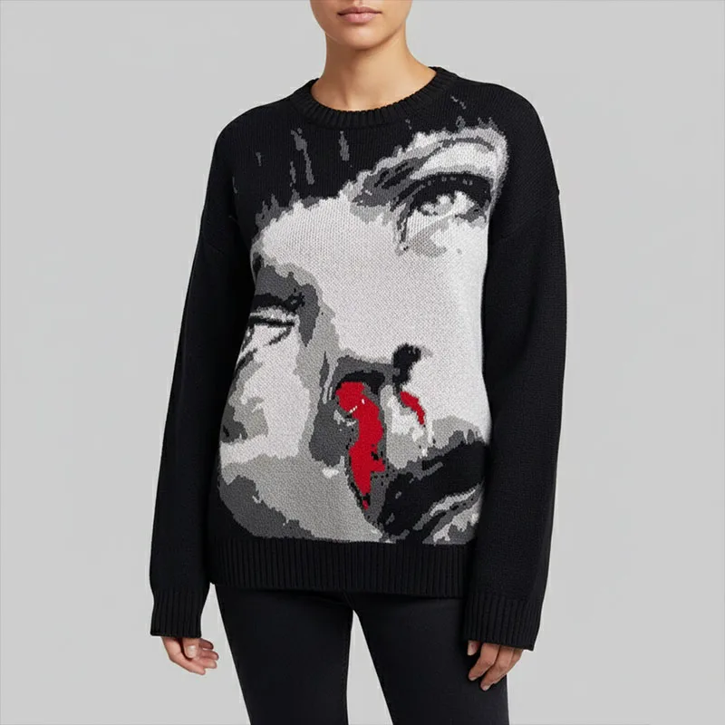 

Women's Autumn Sweater Oversized Crew Neck Long Sleeve Pullover Knitwear With Vintage Print Graphic For Casual Daily Wear