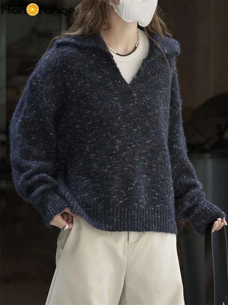 

HanOrange 2025, зимний ленивый темперамент, разноцветная текстура, шерстяной вязаный свитер с v-образным вырезом, женский возрастной топ, синий/фиолетовый