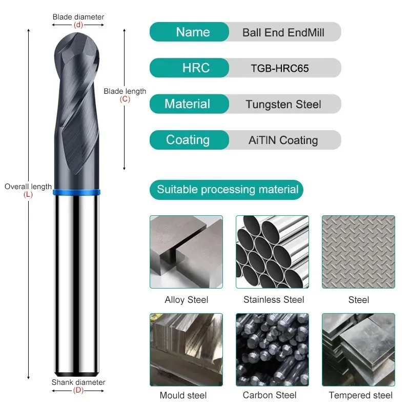 GAMONT TGB-HRC65 2F Color Circle Ball End Mill Tungsten Steel Carbide Black Coating Milling Cutter CNC Mechanical Endmills Tools
