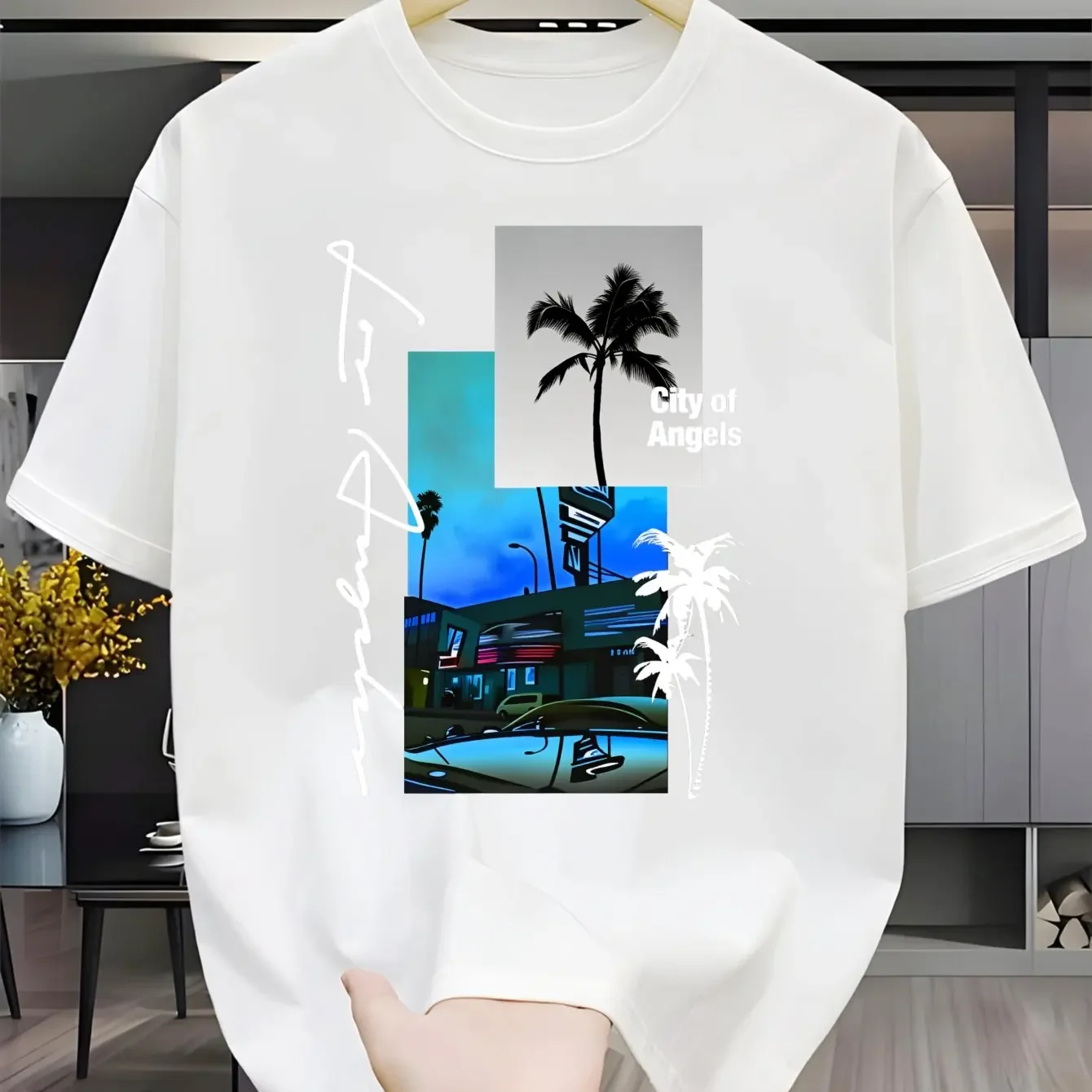 Los Angeles City Of Angels Street View Palm Tree Collage Graphic T Shirt Men Urban Retro City Print 100% Cotton Short Sleeve Tee view 2