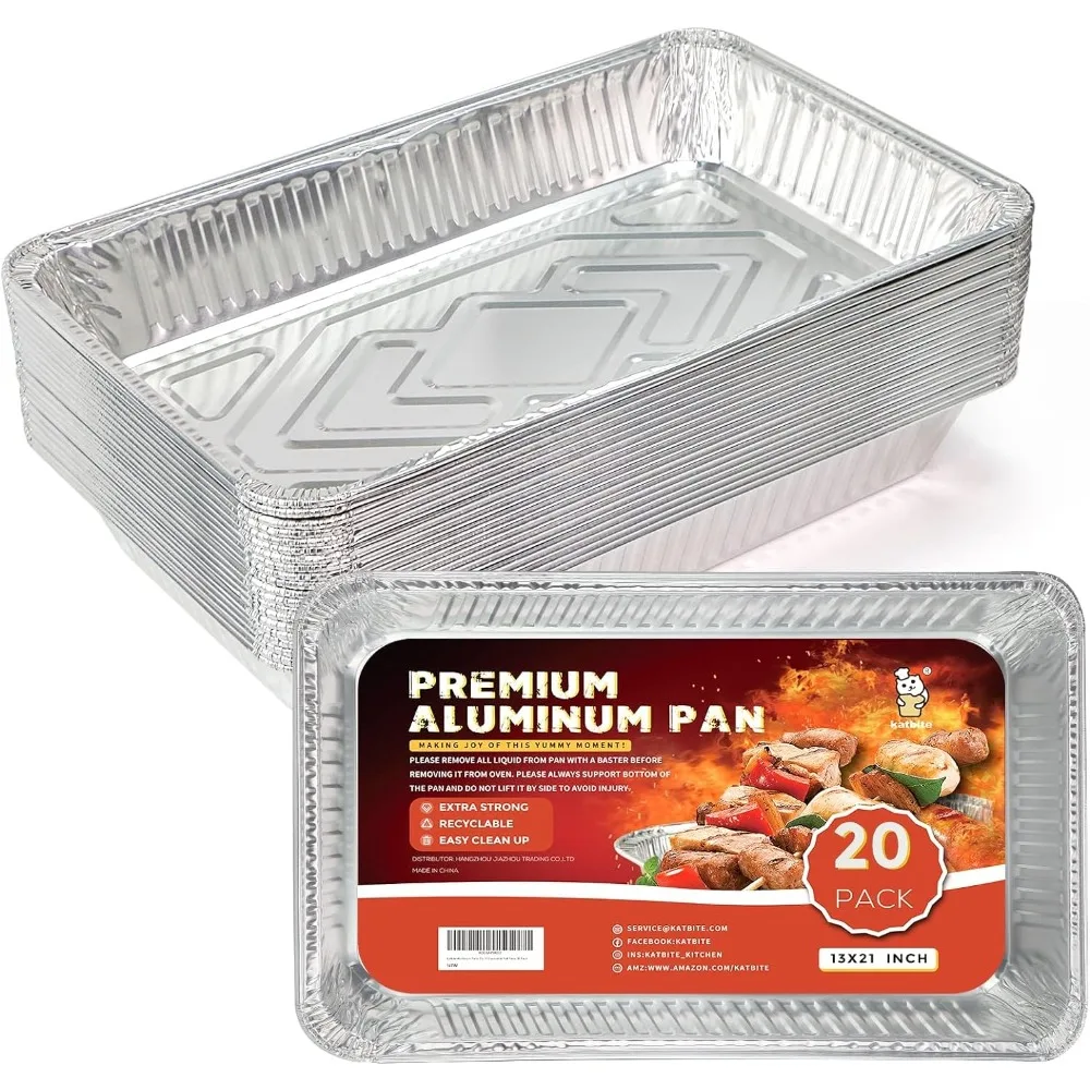 katbite Heavy Duty 21x13 Aluminum Pans (20-Pack) - Premium Disposable Full Size Foil Baking Pans for Cooking