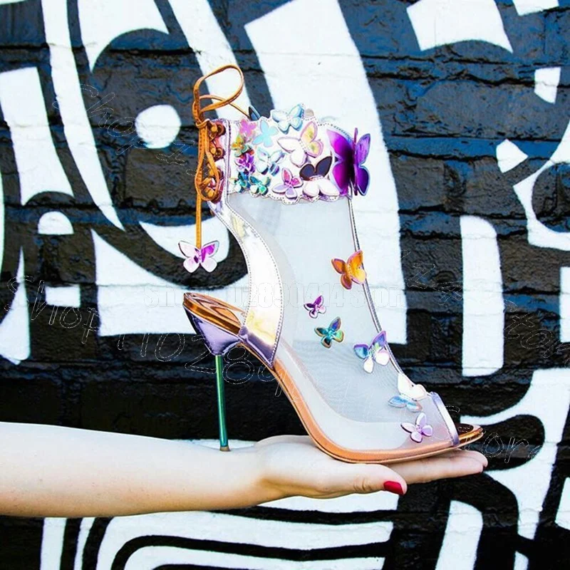 Glitter Butterfly Mesh Peep Toe Strappy Sandals Lace Up Women Shoes Thin High Heels Party Feast Dating 2025 Zapatos Para Mujere