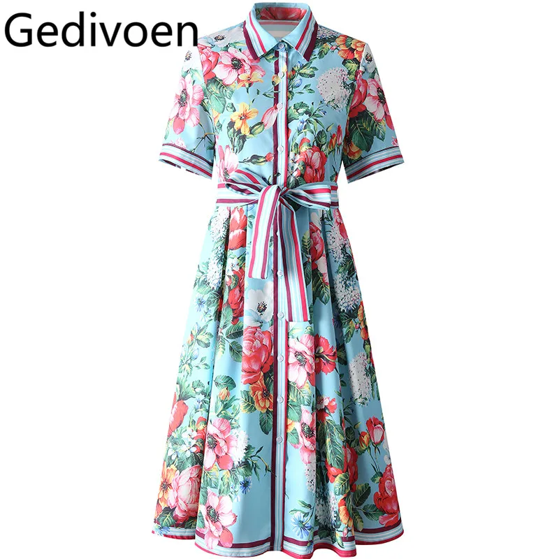 

Gedivoen Women's New Fashion Elegant Dress Turn-Down Collar Lace-UP Slim Single-Breasted Design Vintage Print Dresses