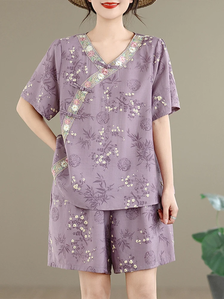 

Loose Casual Cotton Linen Set Women Summer V-neck Short Sleeve Top Shorts Linen Two-piece Set Fashionable Comfortable Breathable