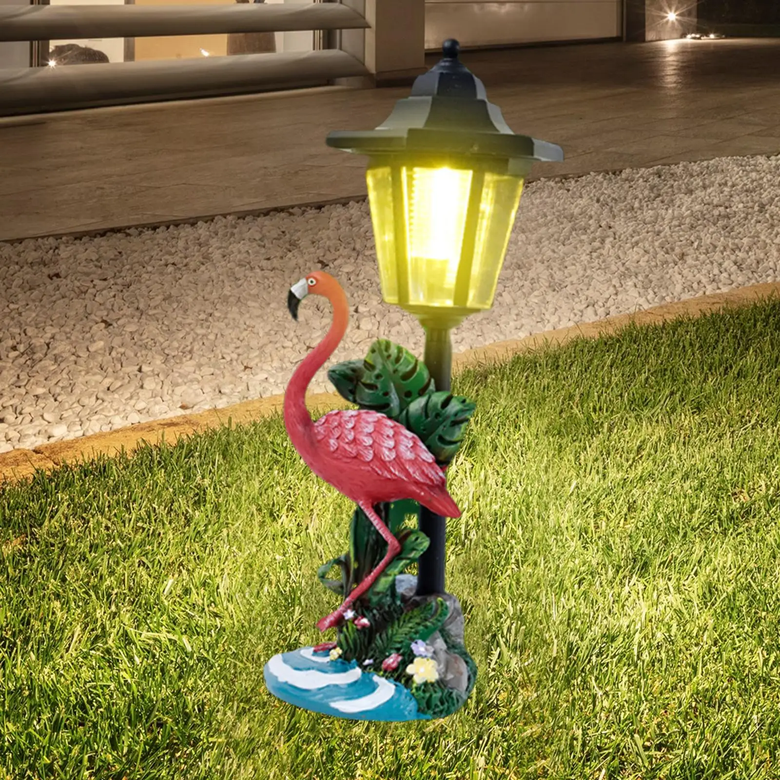 Patio Flamingo Figurine Solar Powered Light Lawn Ornament Waterproof Housewarming Gift for Front Yard Front Door Decoration