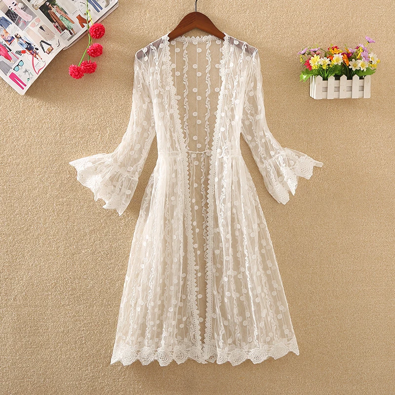 Long Cardigan Beach Cover Up 2023 Summer Blouses For Women Woman V Neck Shirt Top Lace Blusas Femininas Elegant Sunproof Outwear