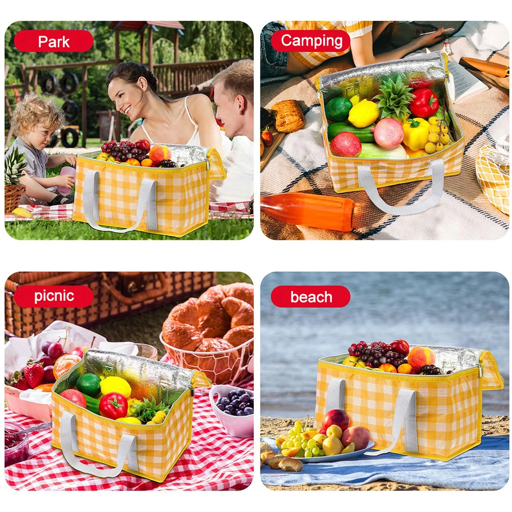 Insulated Picnic Bag Waterproof Thermal Lunch Bag Large Capacity Plaid Lunch Tote Bag Multifunction for Outdoor Beach BBQ