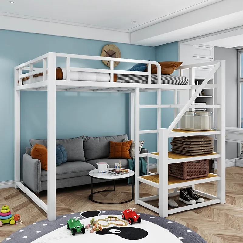 New Black and White Wrought Iron Loft Bed with Staircase Storage Spacious Elevated Design for Various Items Factory Direct