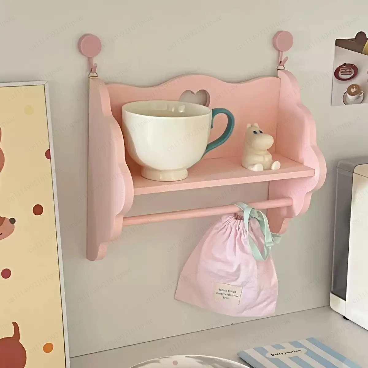 Wooden Double-Layer Storage Rack Desktop Cabinet Cosmetics Storager Pink Dormitory Storage Manual Display Shelf Wall Decoration