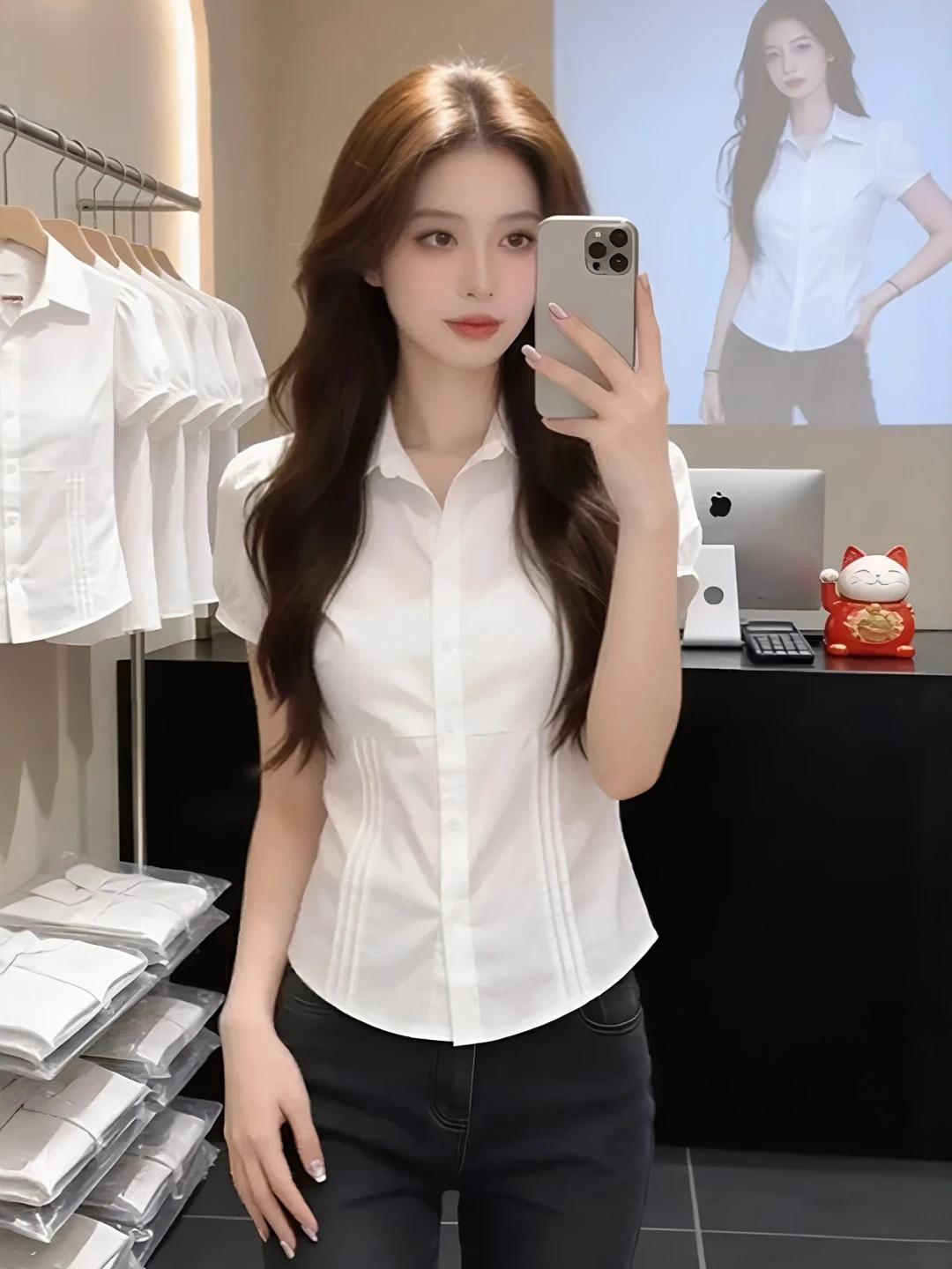

Pure Cotton White Collar Pleated Waist Short Sleeve Shirt Women Summer plus Size Korean Style Commute Clothing Top