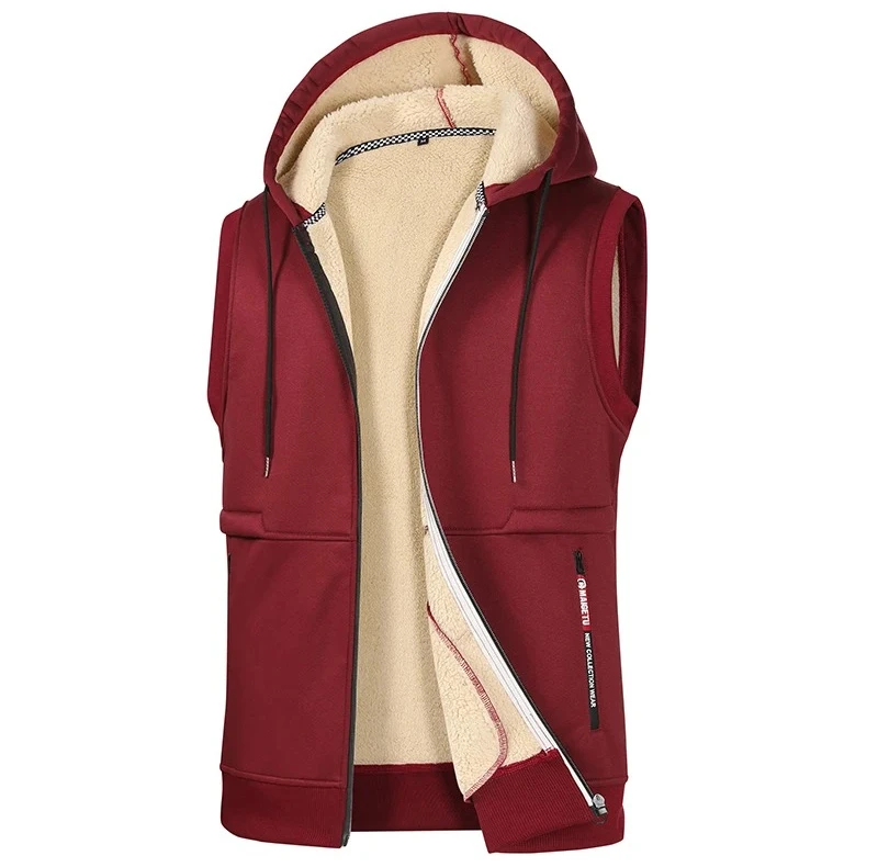 เสื้อกั๊กมีฮู้ดบุขนแกะหนานุ่มคุณภาพสูงสำหรับผู้ชาย ฤดูใบไม้ร่วง ฤดูหนาว