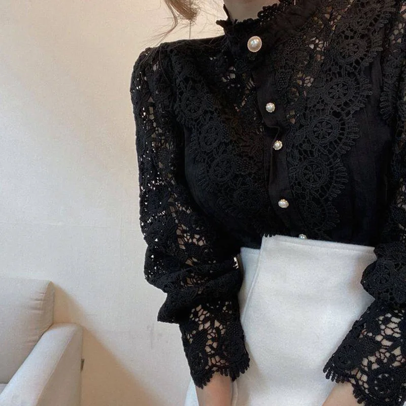 New Vintage White Lace Blouse Shirts Women 2024 Korean Button Loose Shirt Tops Female Hollow Casual Ladies Blouses Blusas 12419