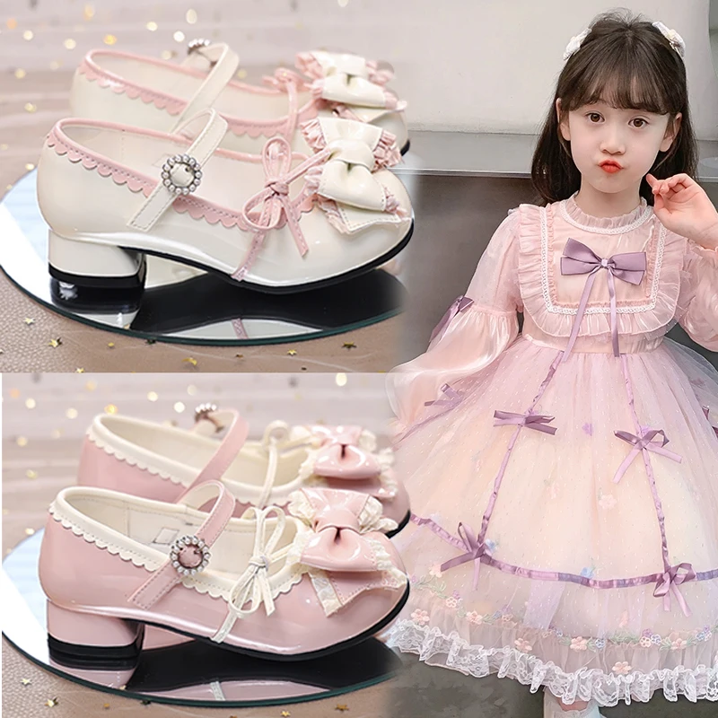 

Girls' Fashion Leather Shoes 3-18 Years Old Girls Bows Wearing High Heels with Shoebox Kids Girl Mary Jane Shoes Childrens Shoes