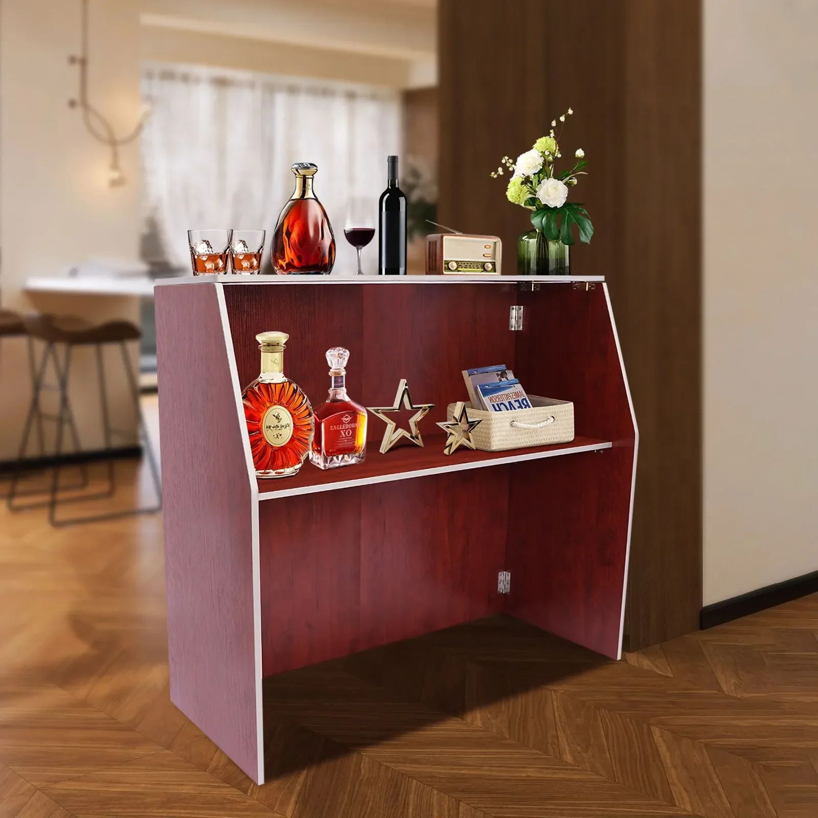 خزانة بار محمولة بتصميم بني غني 19.5 بوصة × 47.75 بوصة × 42.75 بوصة مع حواف ألومنيوم لتنظيم البار