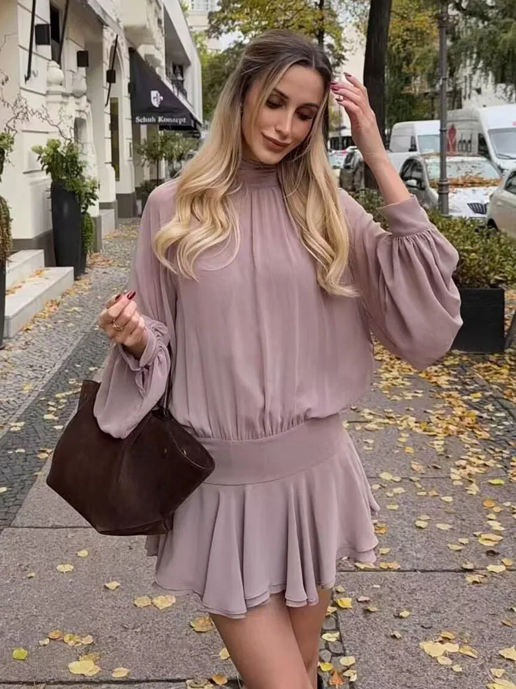 

HH женское элегантное повседневное плиссированное однотонное мини-платье с высоким воротом и длинными рукавами, женское летнее модное длинное платье с галстуком-бабочкой