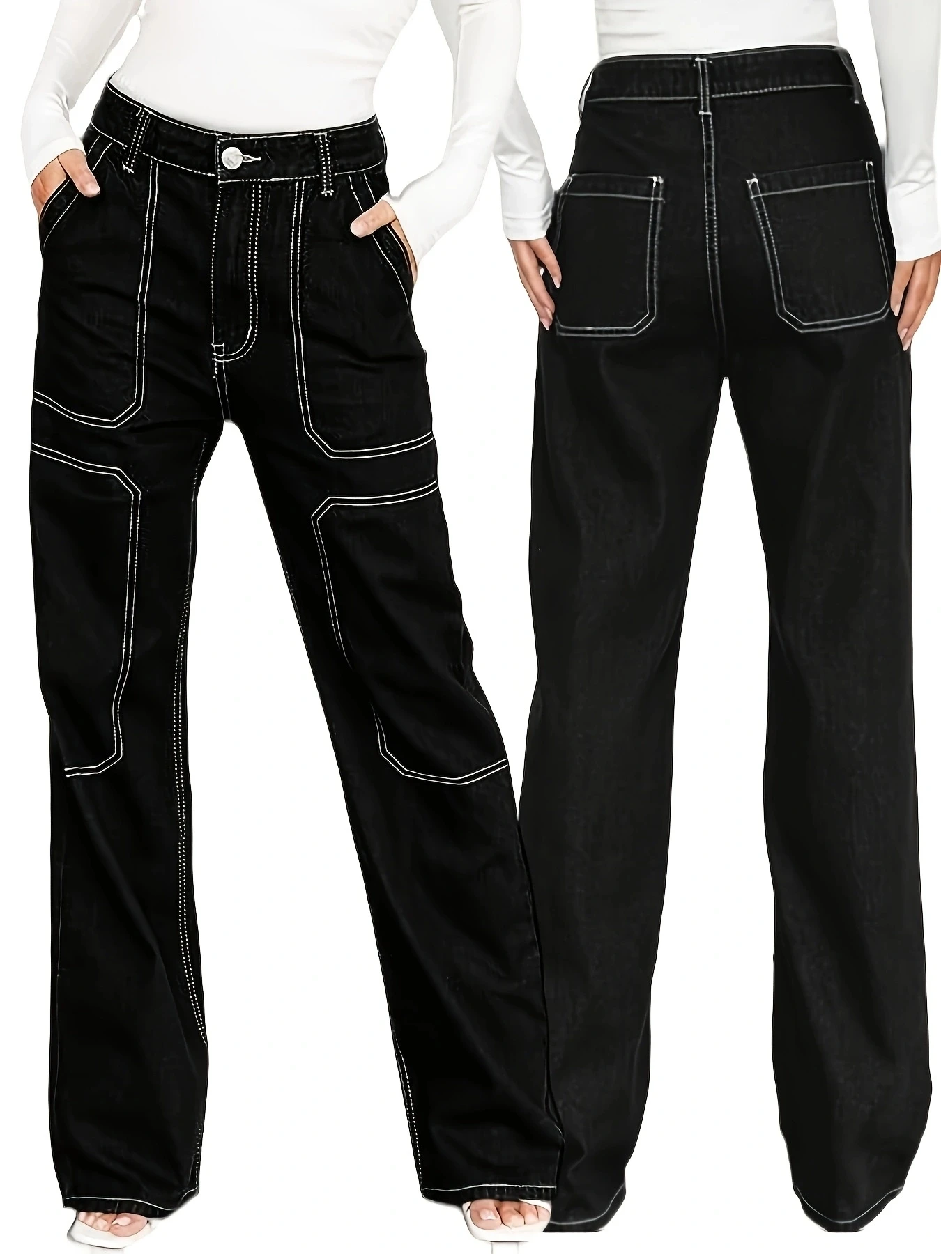 

Женские неэластичные повседневные черные прямые джинсы с белой линией и геометрическим дизайном