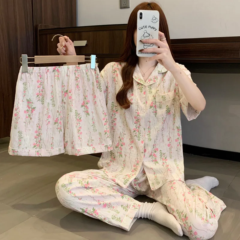 

Новинка Yunduo Mian: Легкий летний пижамный комплект для женщин – французский цветочный комплект для дома из трех предметов с короткими рукавами