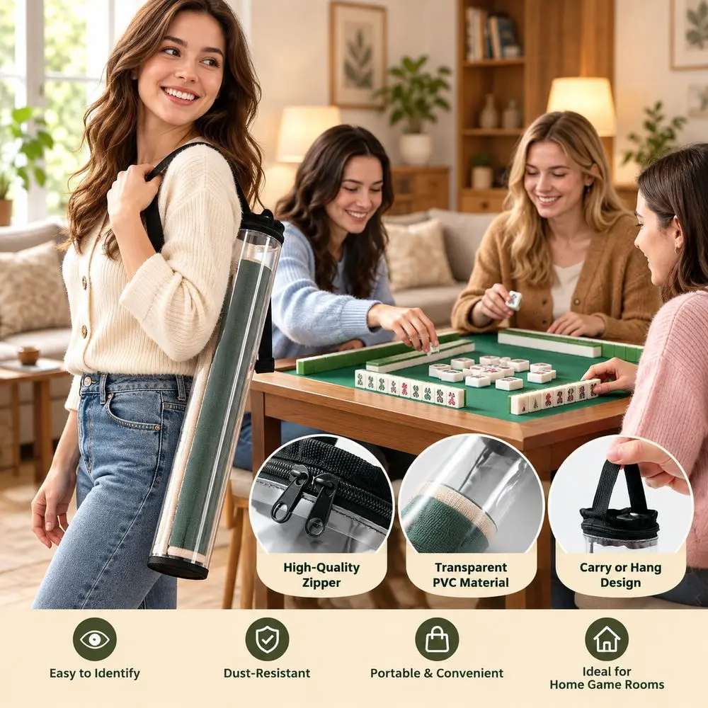 PVC Mahjong Mat Case Transparent Dustproof Mahjong Roll Storage Bag Hanging Loop Carry Handle Mahjong Mat Storage Tube