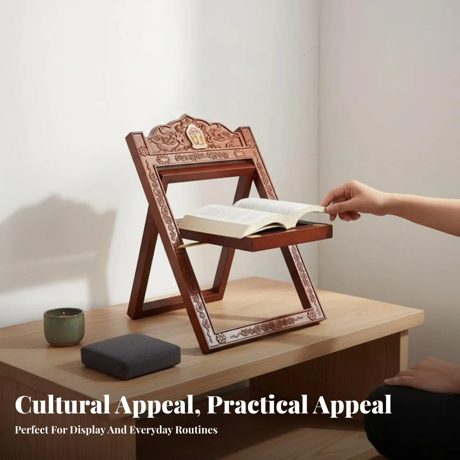 Carved Wooden Bookstand Portable Carved Foldable Book Easel Traditional Pattern Multipurpose Use for Cultural Art Collectors