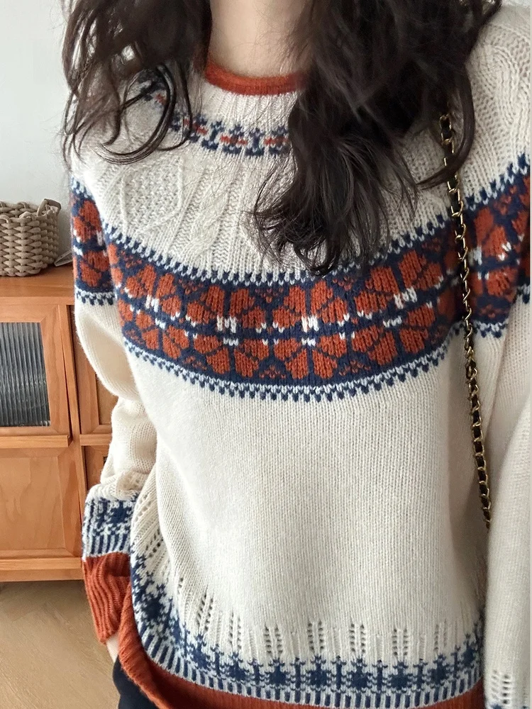 

Ah Bing Bin 00 Pure Wool round Ne Fair Isle Retro Knitted Sweater Winter Korean Sle New Year Inner Wear Contrast Color