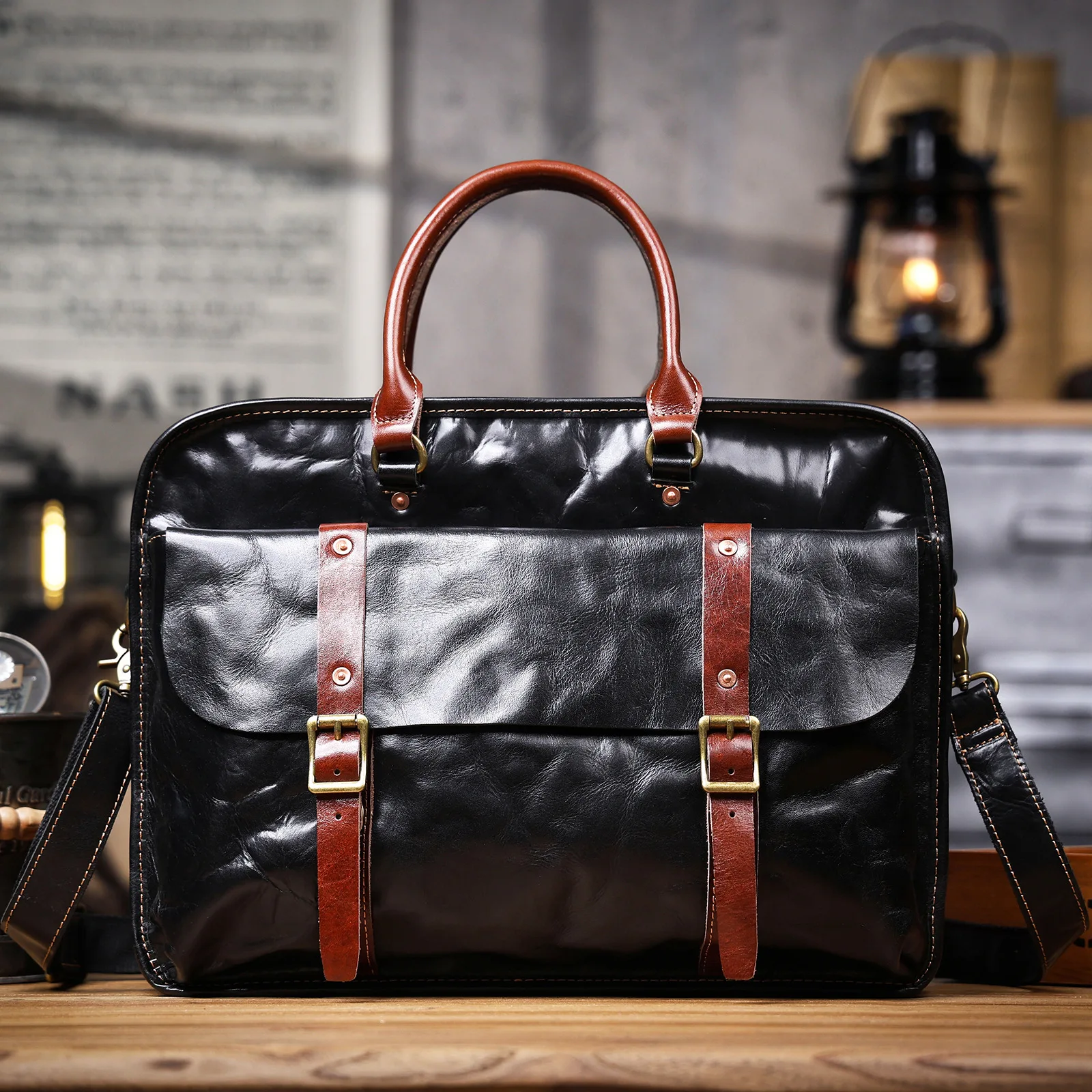briefcase business luxury vegetable tanned cowhide men women's fashion designer handmade genuine leather black laptop handbag
