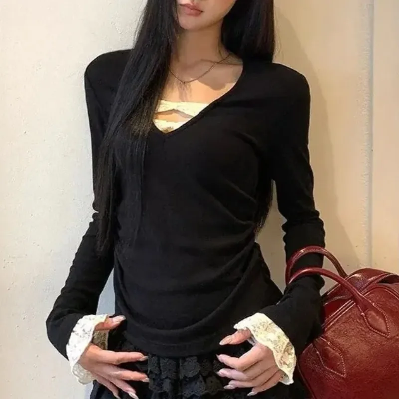 Deep V Neck Lace Bow Women's T-shirts Long Sleeve Roupas Feminina Pure Desire Style Clothes Spicy Girl Ropa mujer Woman Clothing