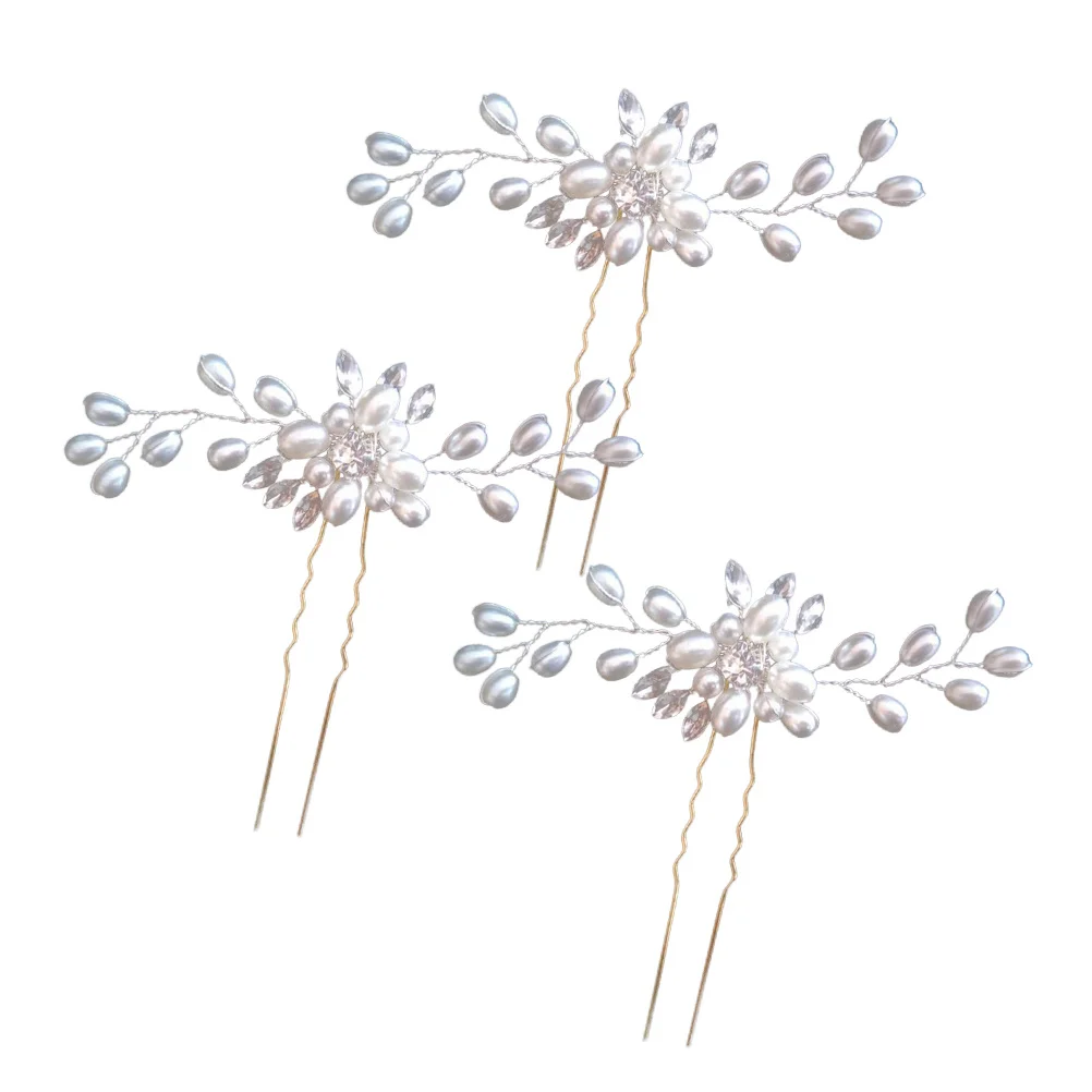 

3Pcs Crystal Pearl Flower Hair Accessories Bridal Headwear Wedding Party U Type Gold Pin Silver Thread Bridal Hairpin