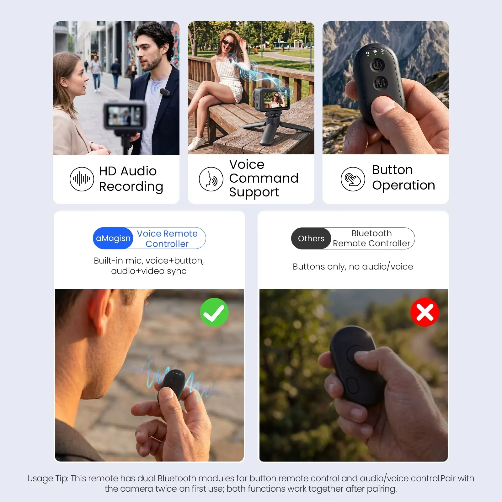 For GoPro Hero 13 DJI Action6 Insta360 X6 AcePro 2 Camera Bluetooth Voice Button Remote Control Built-in Mic for Audio Reception