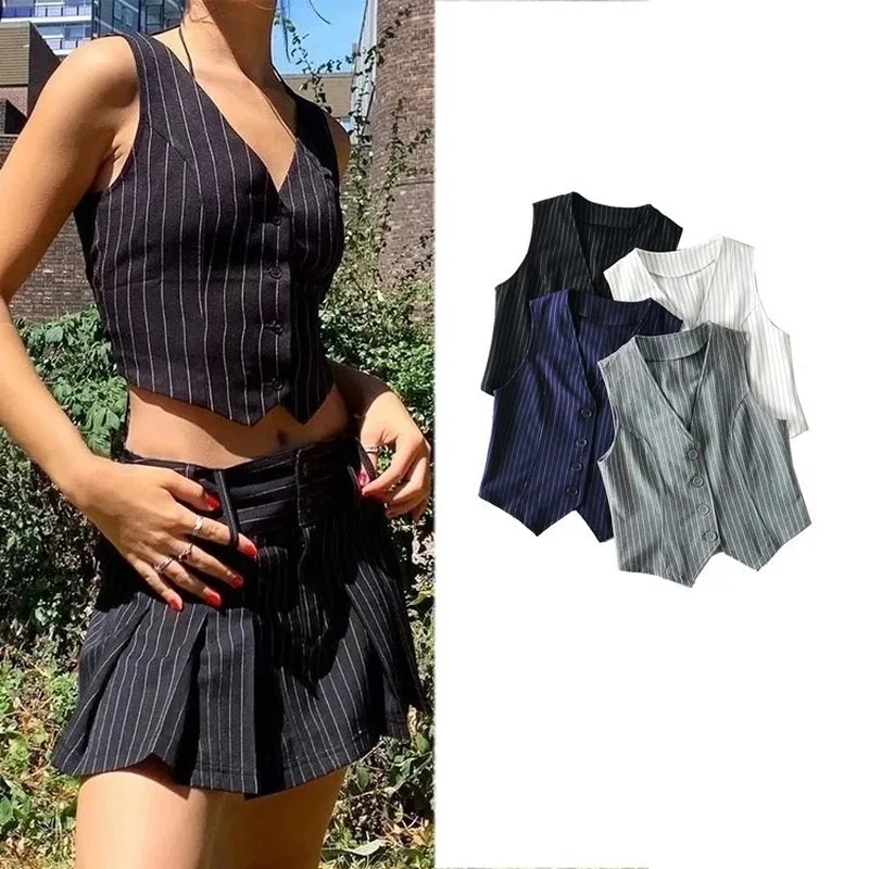 Vrouwen Streep Vest Pak Vest Vest Dames V-hals Carrière Crop Tops Kantoor Formele Werkkleding Elegante Ol Bovenkleding Fall Mujer