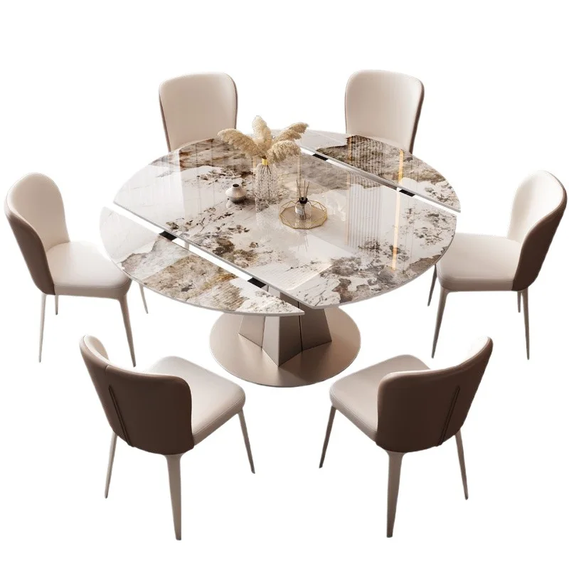 

Round dining table, bright rock slab, round table with turntable, light luxury, modern simplicity