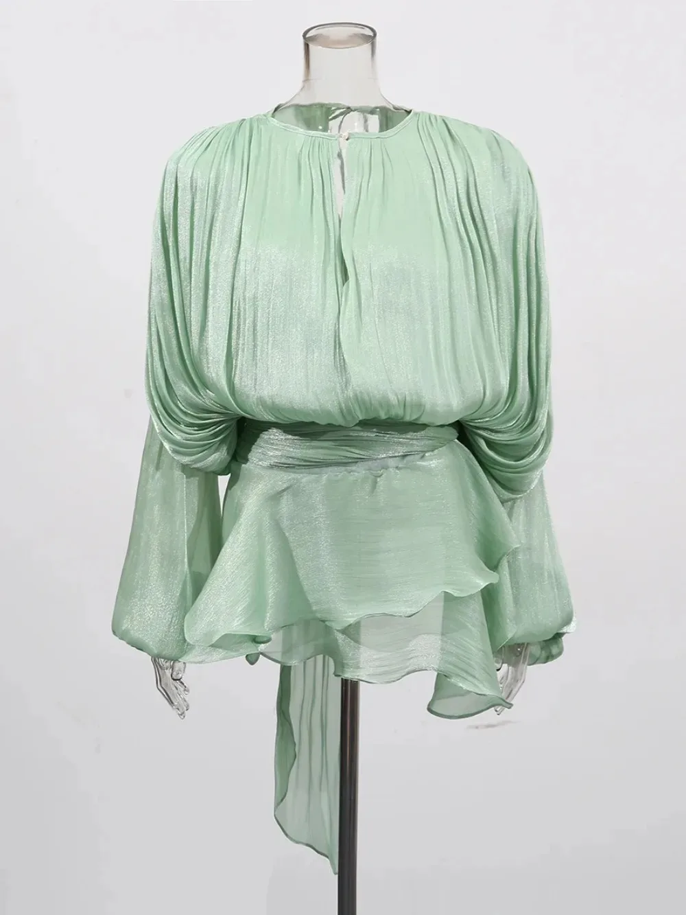 Elegante mini vestido ruched para mulheres em torno do pescoço lanterna manga longa cintura alta temperamento vestidos moda feminina