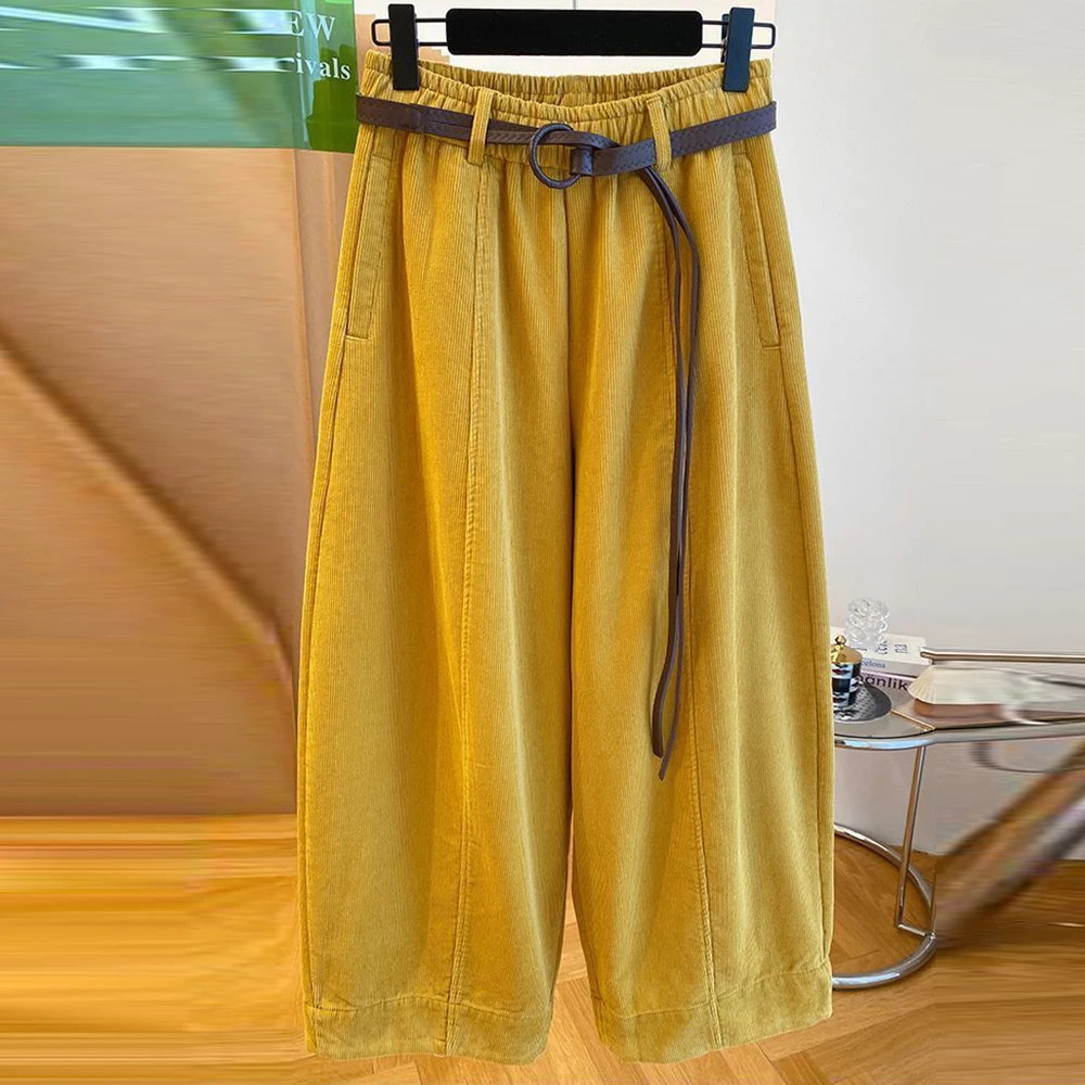 

Premium yellow fleece thickened corduroy pants women's winter 2025 new loose casual wide-leg pants trousers