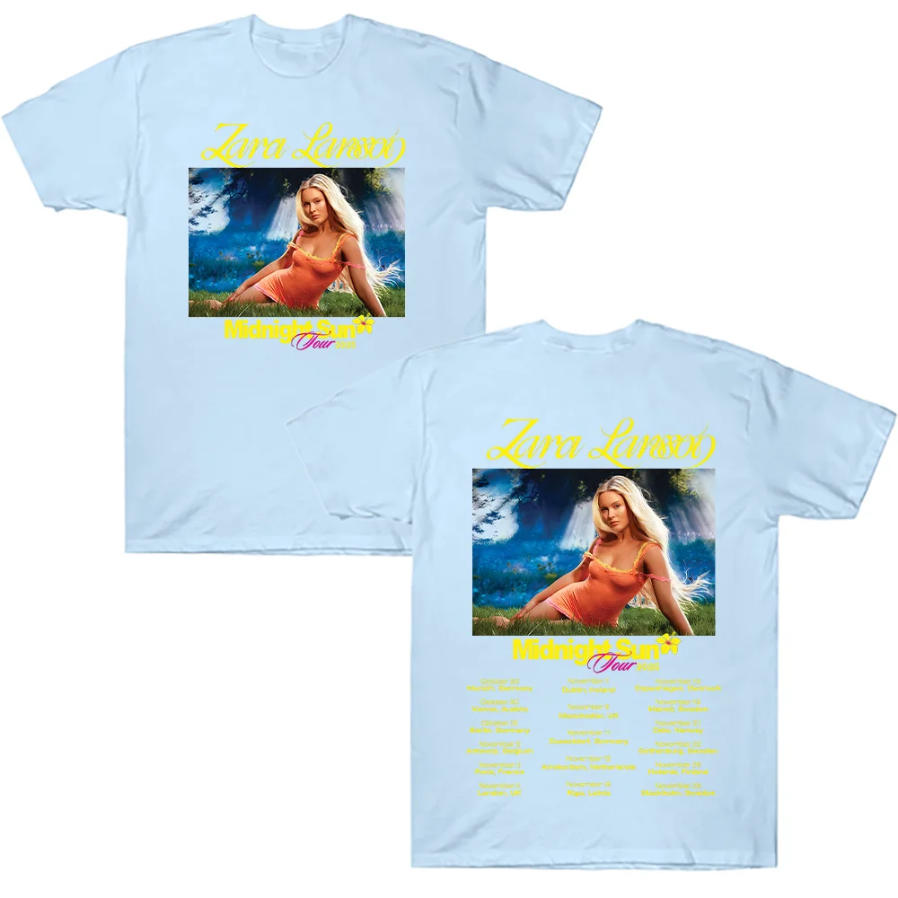 Zara Larsson منتصف الليل جولة الشمس 2025 تي شيرت الرجال النساء القطن تيز Ummer عادية كم قصير الجولة الرقبة الملابس بلوزات فضفاضة الاتجاه