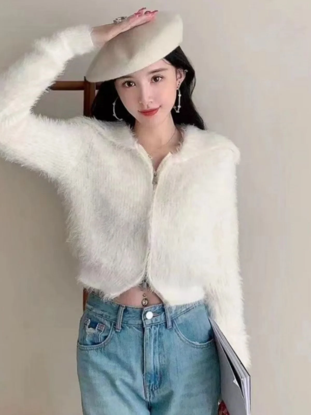 

Мягкий уютный женский кардиган-свитер Верхняя одежда Mouton Simulation Lazy Sle ort Length Long Sve Темно-синий воротник Весна Осень ...