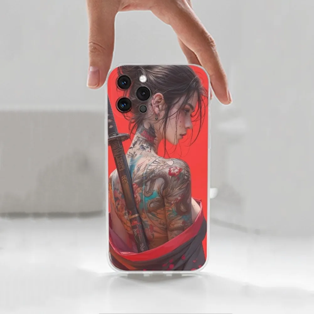 S-Samurai Warrior Geisha Phone Case For iPhone 16,15,14,13,12,11 Plus,Pro,Max,XR,XS,X,7,8 Plus,SE,Mini,Transparent,Silicone Case