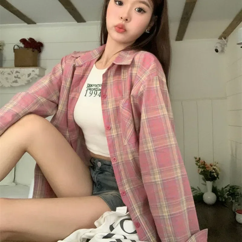 EBAIHUI Korean Summer Autumn Loose Speical Design Blouses Thin Pink Plaid Shirt Woman  Oversize Long Sleeved Lapel Collar Blusas