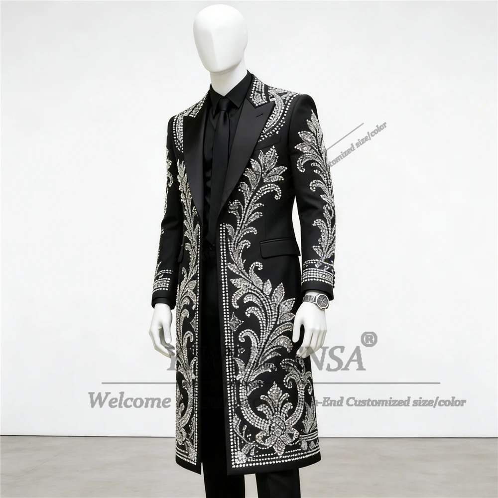 

Brilliant Rhinestone Beaded Wedding Suits For Men 2 Pieces Sets Groom Male Blazers Customized Long Coat Pants Tuxedos Ropa homre
