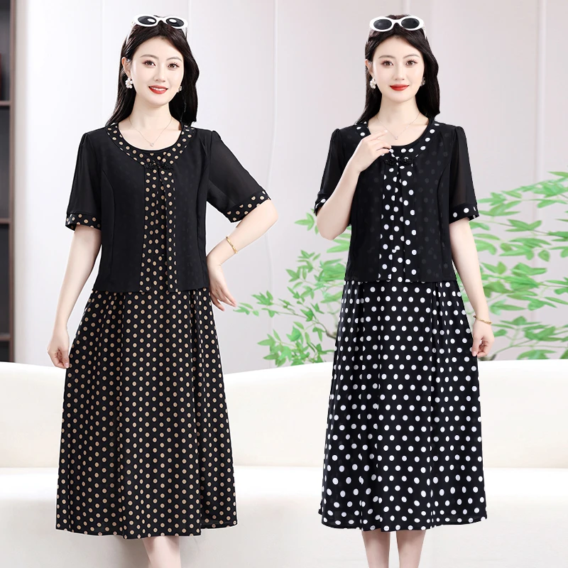 فستان نسائي متوسط الطول بطباعة نقطية على الموضة الكورية أنيق للنساء مكون من قطعتين بلوفر كاجوال