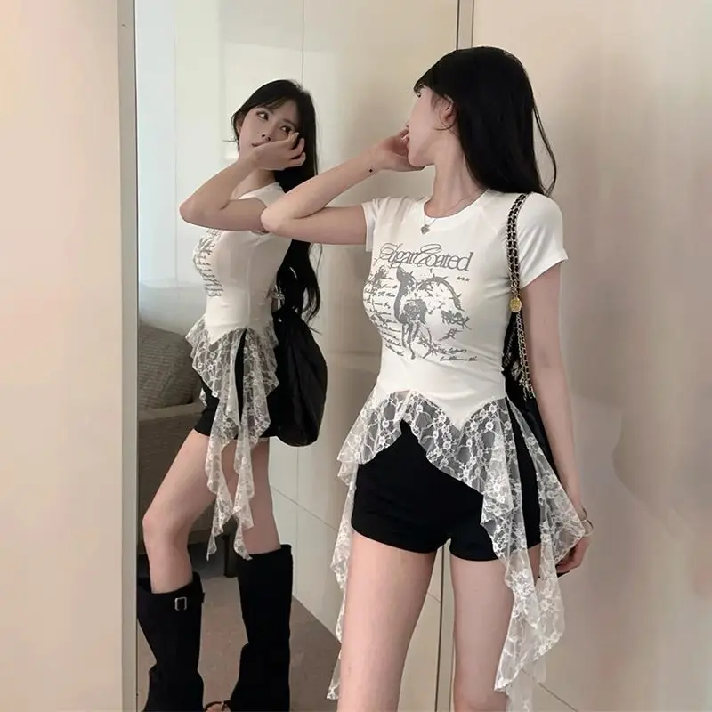 

Irregular fake two lace short-sleeved T-shirt women's summer American y2k Spice girls short small top unique beauty