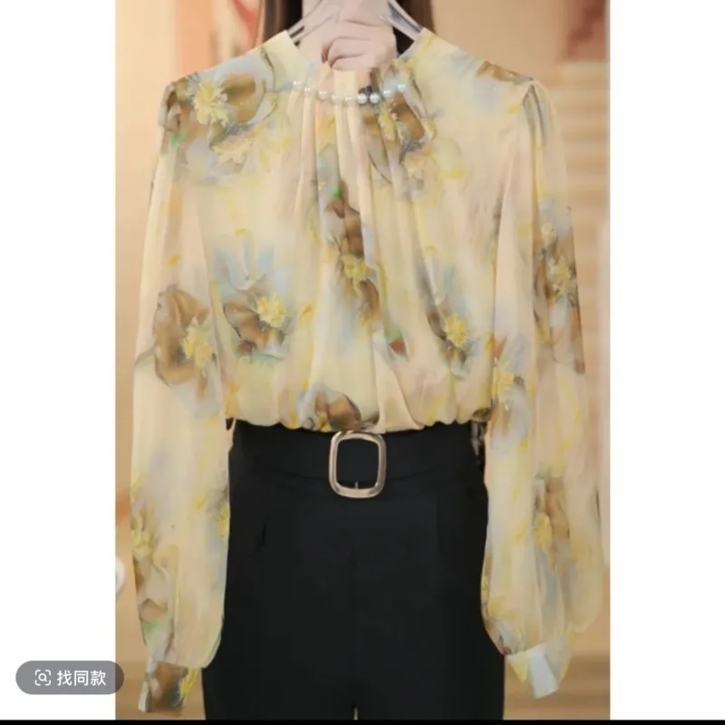 

Fashionable High-end Beaded Versatile Shirt Autumn New Tie-dye Printed Foreign Style Versatile Elegant Pullover Top