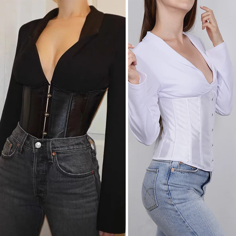 

Long Sleeve V-neck Belt Band Patchwork Bandage Sexy Corset Tops Women Office Lady T-shirts Streetwear Outfits Corser